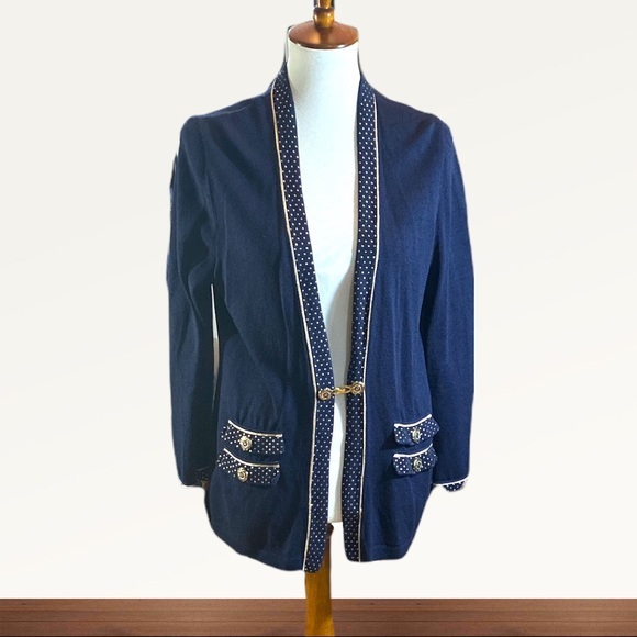 ST JOHNS 100% wool vintage BLUE Cardigan Golden buttons & accents Sz S - Picture 1 of 5